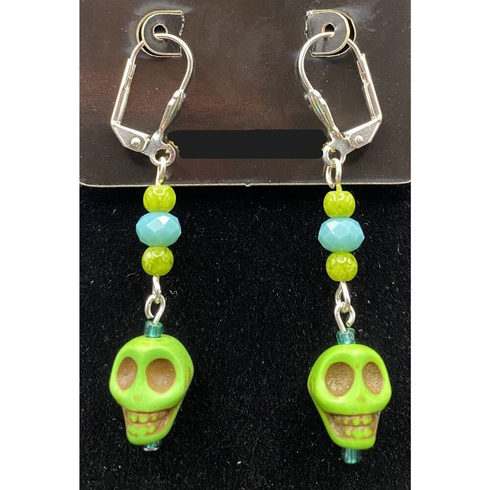 Handmade Green Skull & Aqua Bead Earrings by Neanie-Bot